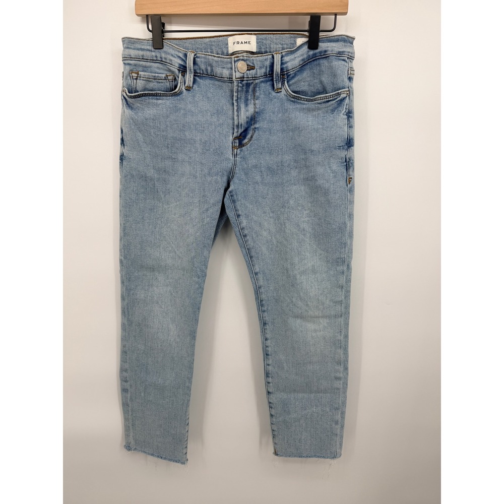 FRAME Le Garcon Crop Jeans Womens 27 Light Blue Excellent Raw Hem Mid Rise Slim